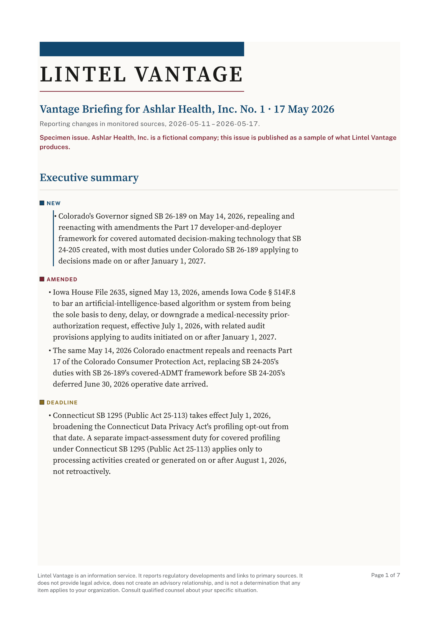 Page one of the specimen Vantage Briefing for Ashlar Health, Inc., number 1, dated 17 May 2026: masthead, the specimen disclosure, and an executive summary of items marked NEW, AMENDED, and DEADLINE.